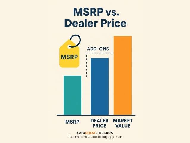 AutoCheatSheet.com Infographic Showing MSRP vs. Dealer Price and Market Value. AutoCheatSheet.com infographic comparing MSRP, dealer price with add-ons, and market value in car pricing.